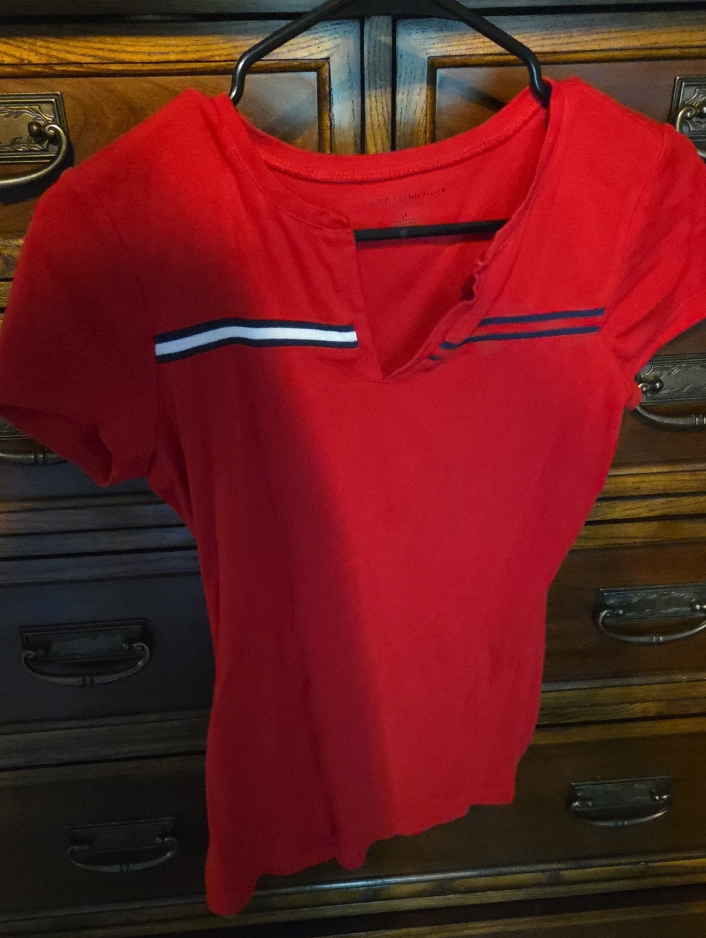 Tommy Hilfiger Red Short-Sleeve Top with Navy and White Stripes